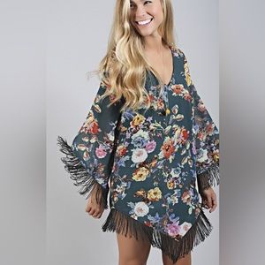 Show Me Your MuMu Mini Dress Green Floral with Fringe Size Small
